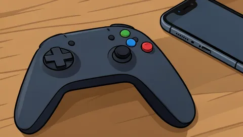 A stylized handheld game controller with a d-pad and action buttons.