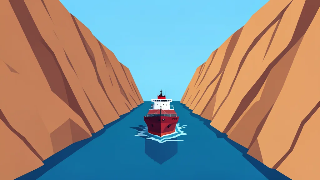 A narrow sea strait flanked by steep, arid cliffs with a cargo ship passing through the water