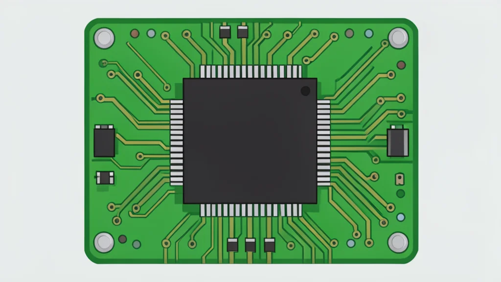 A green circuit board with a large, black square processor chip mounted in the center, surrounded by intricate copper traces and small electronic components.