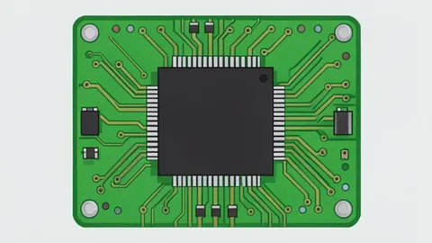 A green circuit board with a large, black square processor chip mounted in the center, surrounded by intricate copper traces and small electronic components.