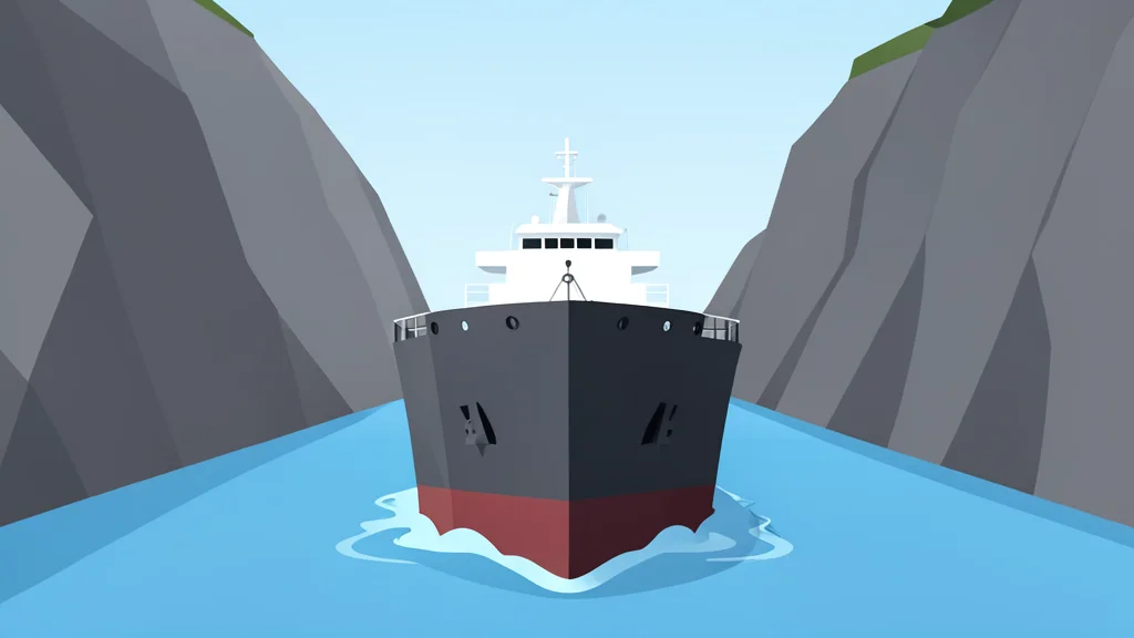 A crude oil tanker ship moving through a narrow strait