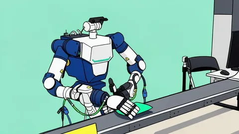 A flat-vector illustration of a humanoid robot standing on a factory floor next to a conveyor belt carrying boxes and bottles.