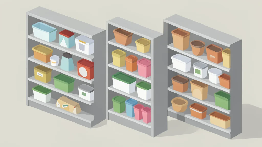 A stylized vector illustration of a retail store aisle with organized shelves of grocery products.