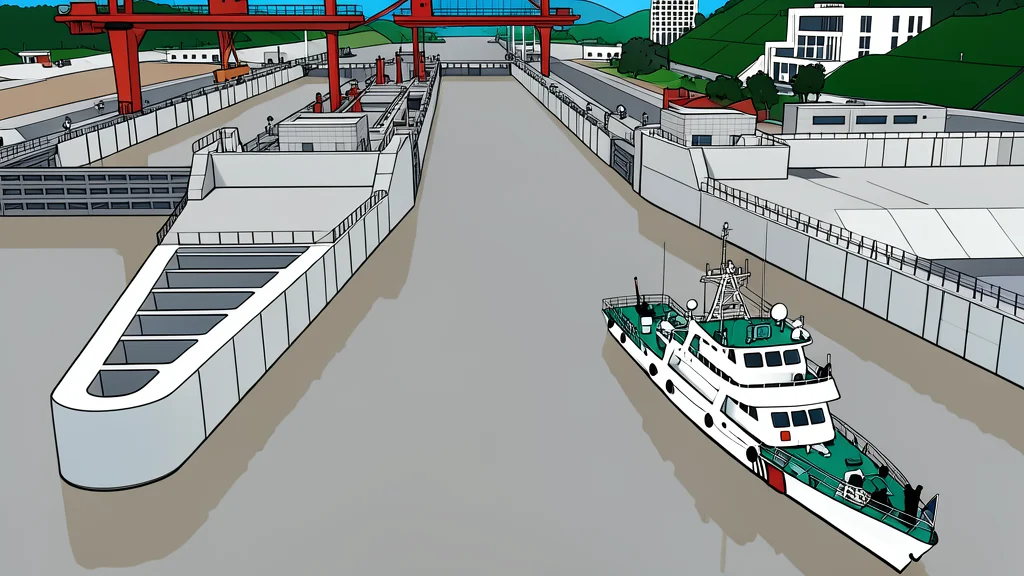 A wide river channel flanked by massive concrete lock gates and calm blue water.