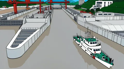 A wide river channel flanked by massive concrete lock gates and calm blue water.