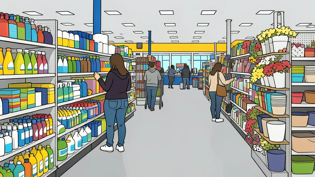 A discount retail store aisle with shelves stocked with household goods