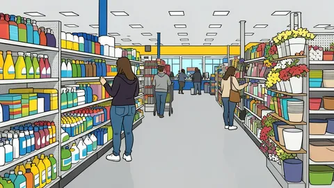A discount retail store aisle with shelves stocked with household goods