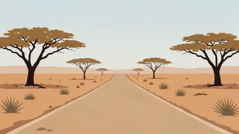 A dusty, unpaved road stretching through a dry, arid landscape with sparse acacia trees under a hazy sky