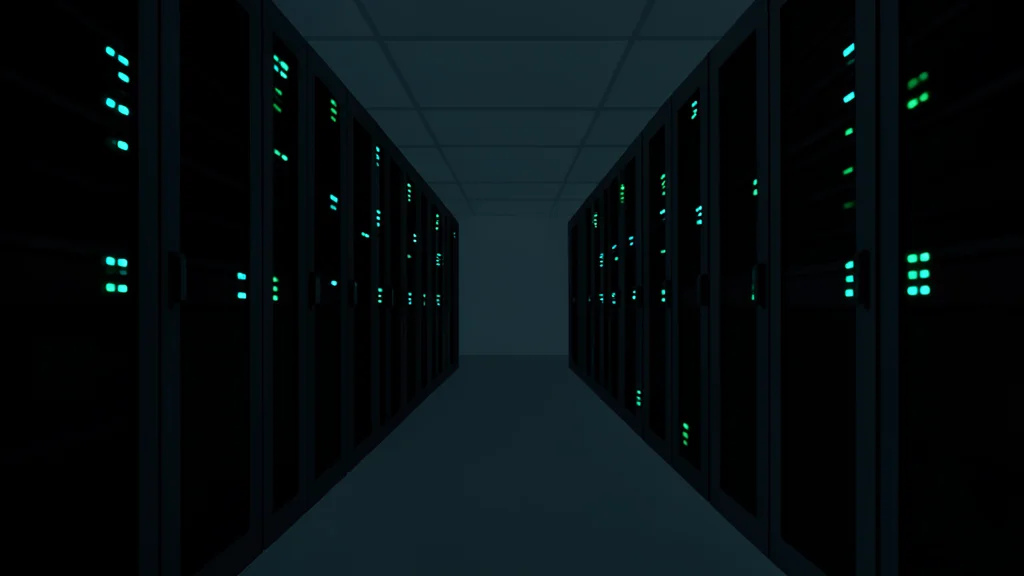 Rows of black server racks with blinking status lights in a dimly lit data center aisle
