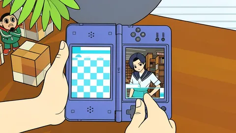 A flat-vector illustration of a dual-screen handheld gaming console with physical buttons.