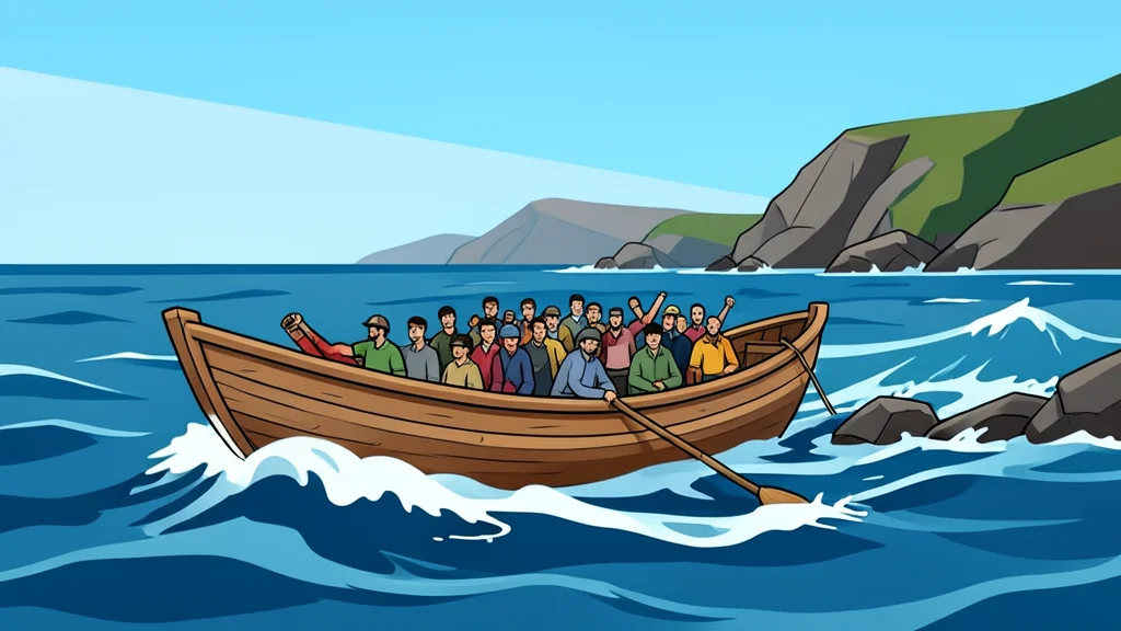 A crowded wooden skiff navigating rough open sea waters near a rocky coastline