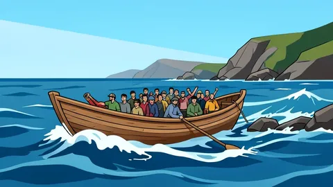 A crowded wooden skiff navigating rough open sea waters near a rocky coastline