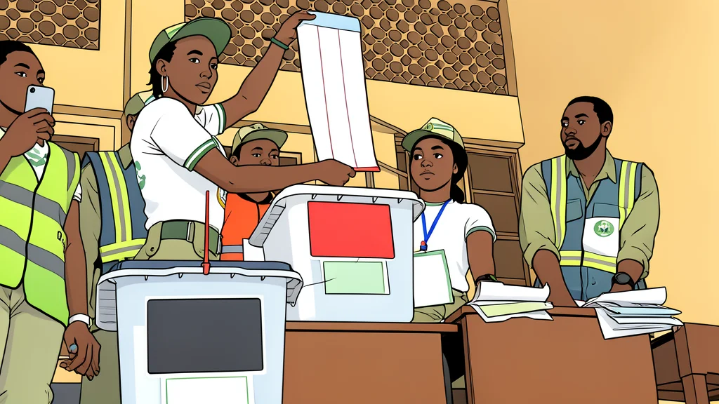 A flat vector illustration of a ballot box on a wooden table.