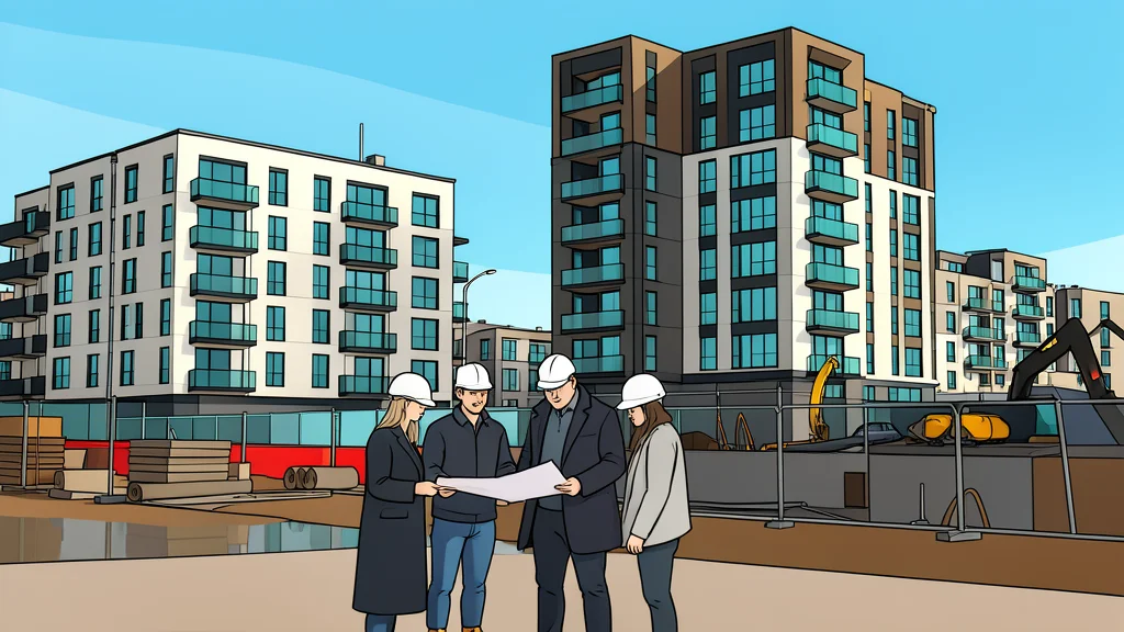 A modern residential apartment building under construction with visible scaffolding and cranes