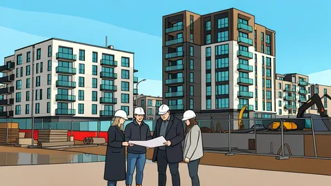 A modern residential apartment building under construction with visible scaffolding and cranes