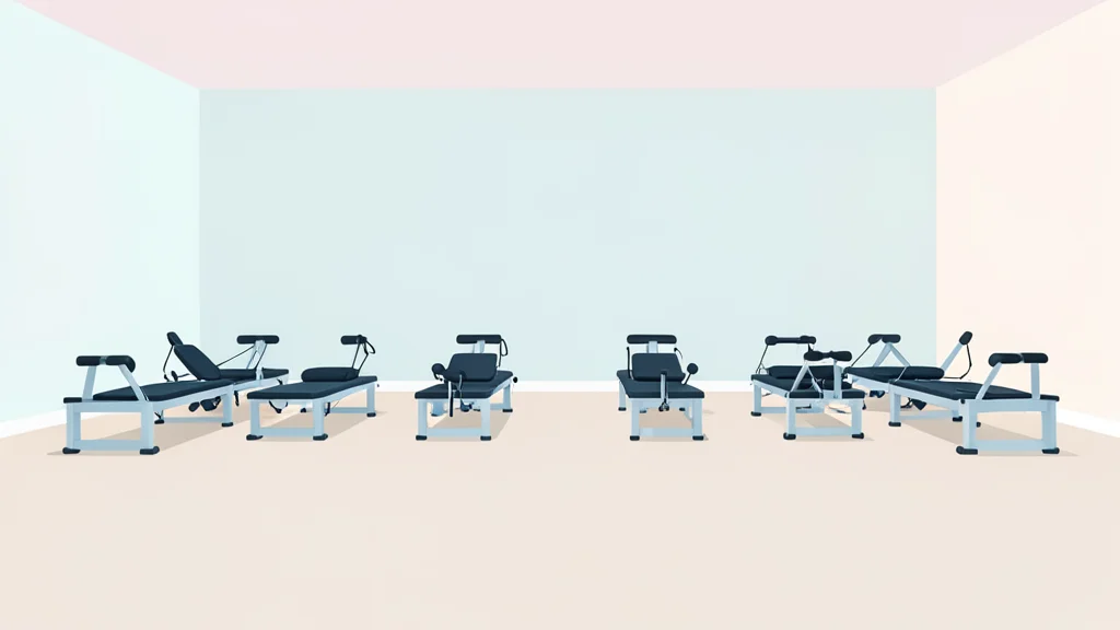A row of reformer pilates machines in a bright studio