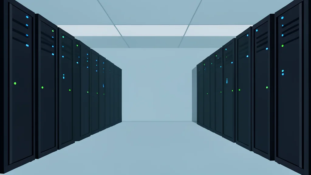Rows of tall, dark server cabinets with blinking indicator lights in a large, cool room