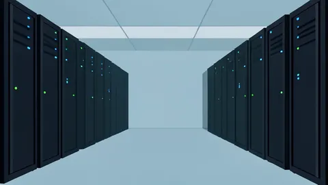 Rows of tall, dark server cabinets with blinking indicator lights in a large, cool room