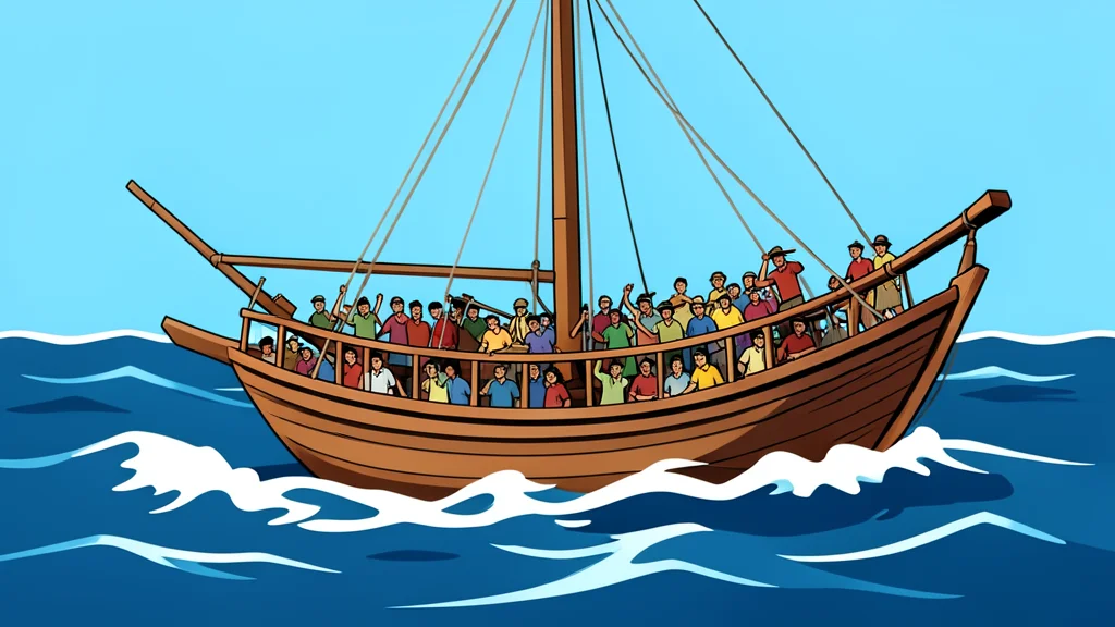 A crowded wooden dhow boat navigating rough open sea waters