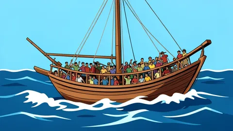 A crowded wooden dhow boat navigating rough open sea waters