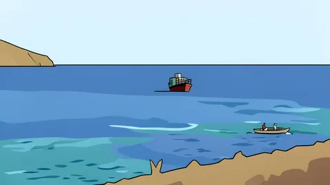 A large oil tanker navigating through a narrow, rocky strait