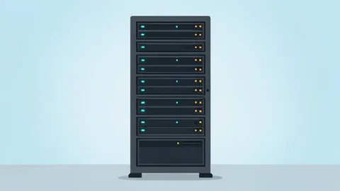 A server rack with blinking status lights