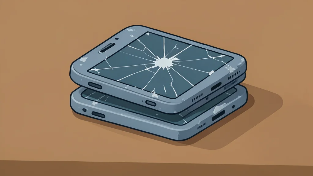 A stack of used mobile phones with cracked screens and worn casings sitting on a workbench