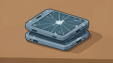 A stack of used mobile phones with cracked screens and worn casings sitting on a workbench
