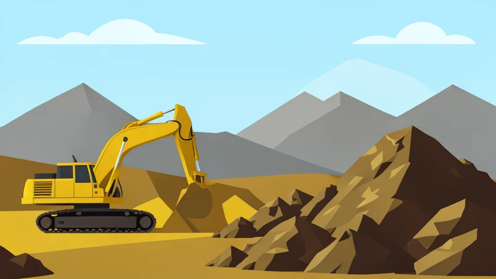 A gold mining site with heavy excavation equipment and piles of raw ore
