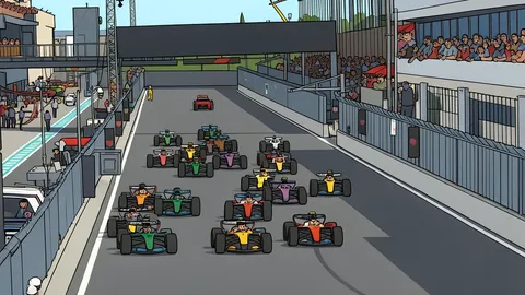 A sleek open-wheel racing car with a large rear wing speeding along a curved tarmac track.