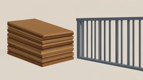 A stack of composite decking boards next to a section of outdoor railing