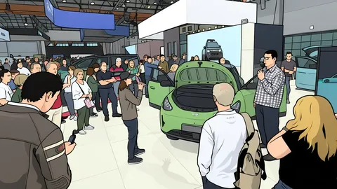 A row of modern electric vehicles parked on a paved exhibition floor with charging cables connected to their ports