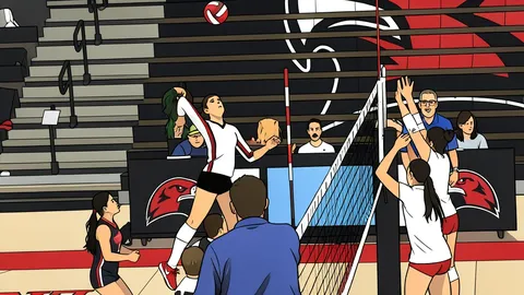 A white volleyball resting on a polished wooden gymnasium floor near a net post