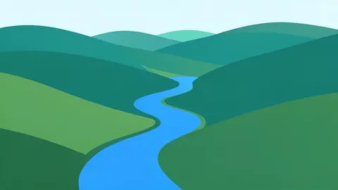 A flat vector illustration of the Blue Nile river winding through the rolling green highlands of Ethiopia.