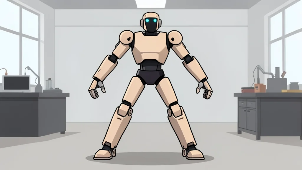 A flat-vector illustration of a bipedal humanoid robot standing in a dynamic stance in an industrial workshop.