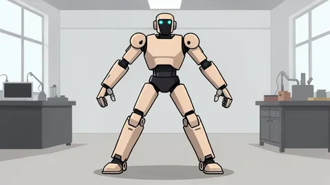 A flat-vector illustration of a bipedal humanoid robot standing in a dynamic stance in an industrial workshop.