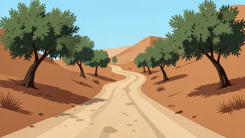 A dusty unpaved road winding through arid hills with olive trees