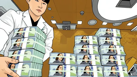 A stack of South Korean won banknotes resting on a wooden desk