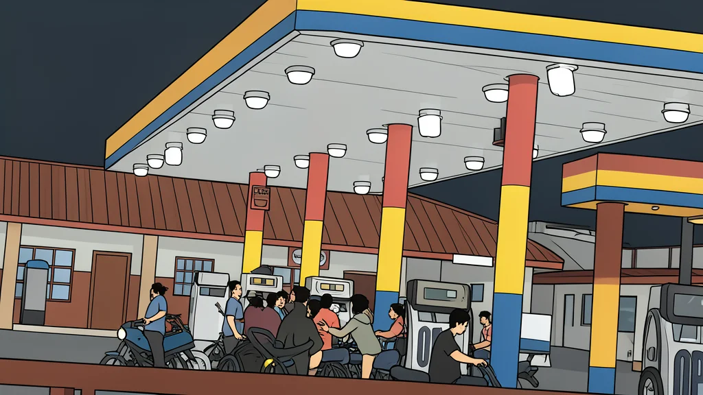 A large industrial oil refinery complex with tall distillation towers and storage tanks
