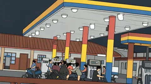 A large industrial oil refinery complex with tall distillation towers and storage tanks