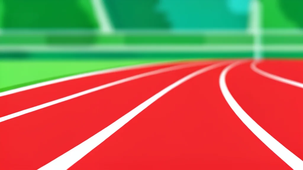 A red running track with white lane markings curving around a stadium