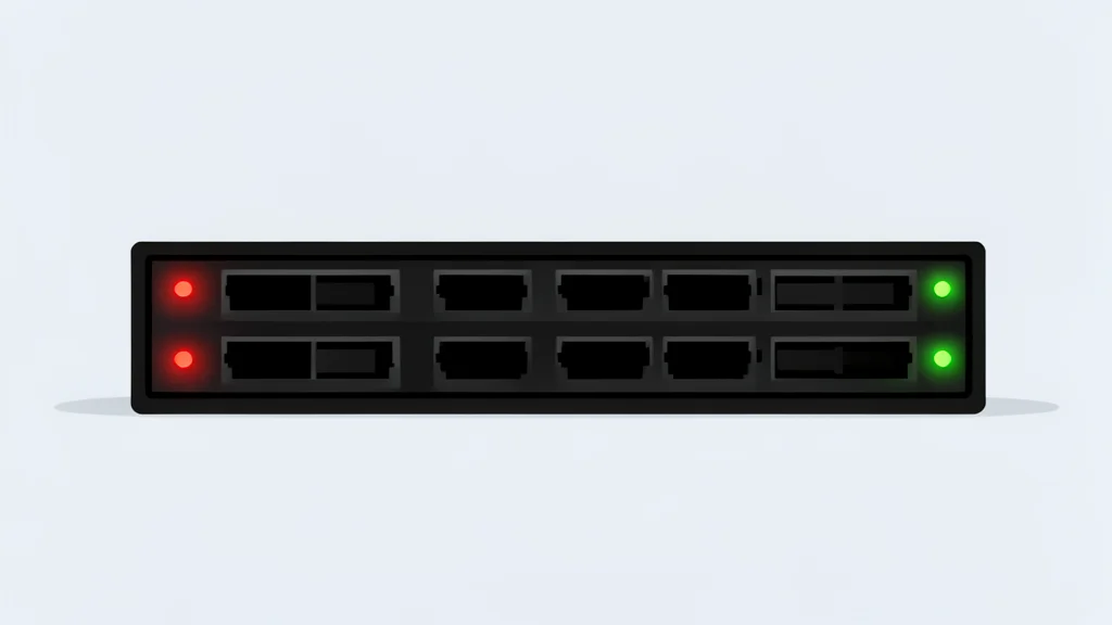 A flat vector illustration of a network switch with multiple ethernet ports and glowing indicator lights.