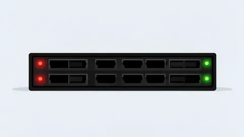 A flat vector illustration of a network switch with multiple ethernet ports and glowing indicator lights.