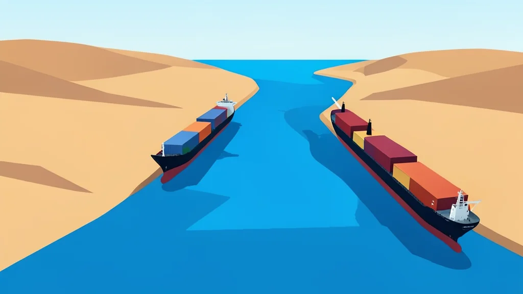 A wide view of the Strait of Hormuz with large oil tankers navigating the narrow waterway between landmasses.