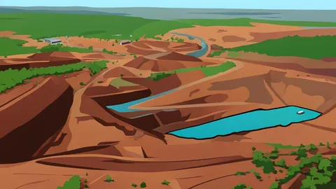 A gold mine pit with heavy excavation equipment and piles of raw ore
