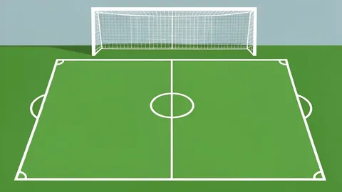 A green grass football pitch with white boundary lines and a goal net in the background