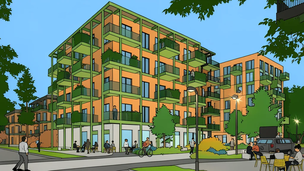 A flat vector illustration of an urban construction site with cranes and scaffolding.