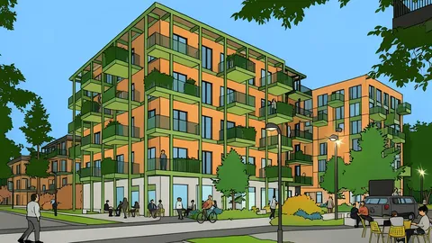 A flat vector illustration of an urban construction site with cranes and scaffolding.