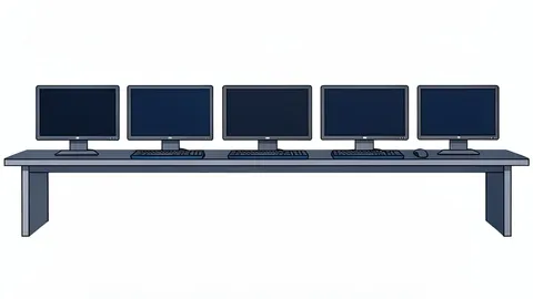 A row of high-performance gaming computers with mechanical keyboards and mice on a desk