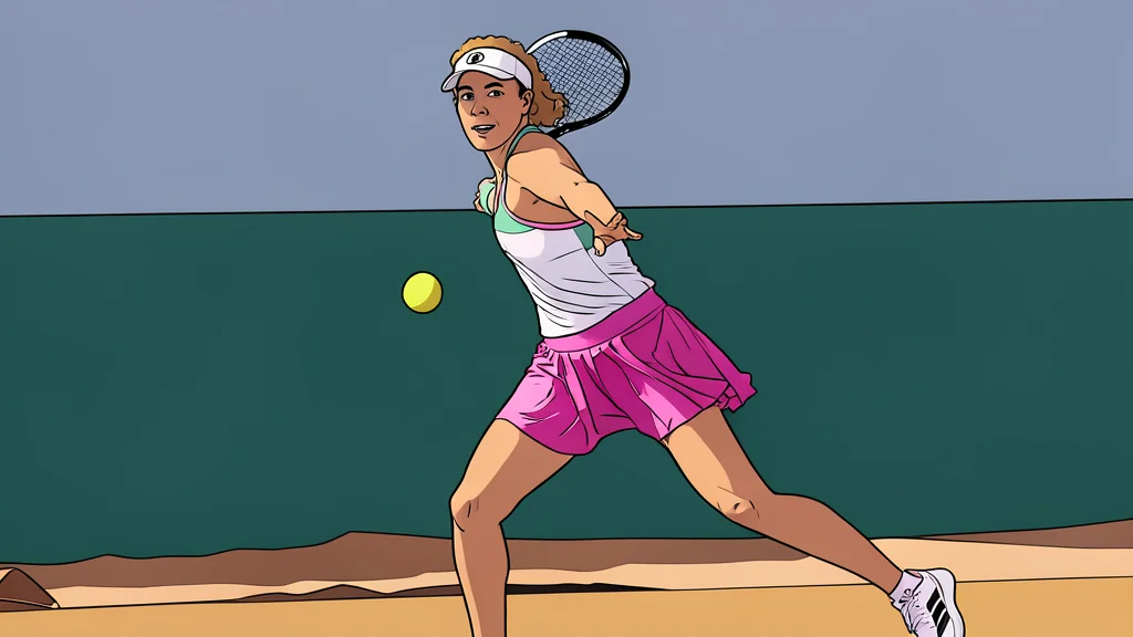 A white tennis ball resting on a green clay court surface